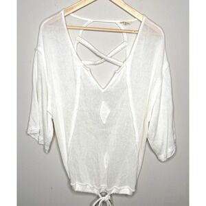 POL Criss‎ Cross Back V Neck Raw Knit Tunic Top Pullover Beachy Womens Small